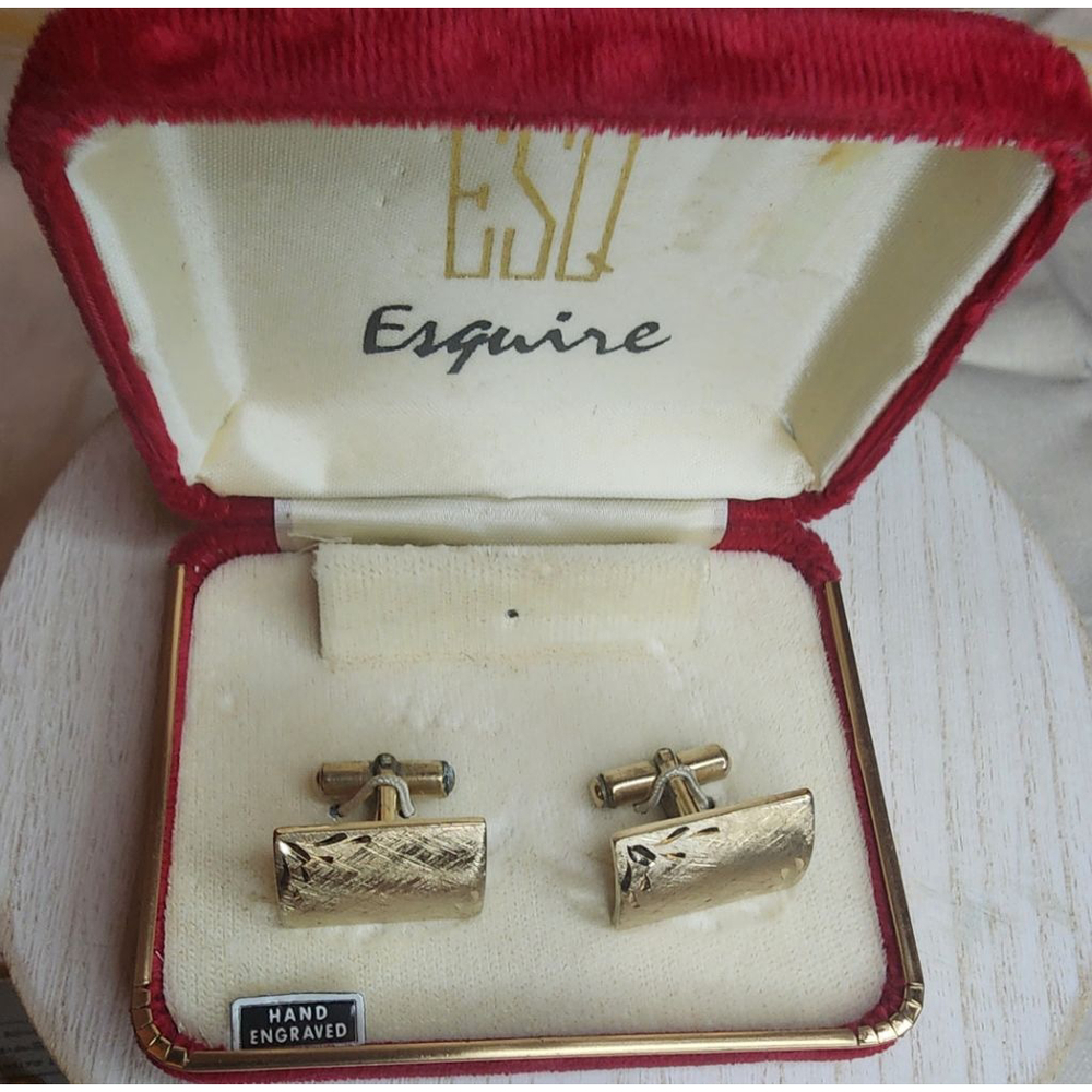 Vintage Esquire Cuff Links Gold Toned Hand Engraved in Red Box.